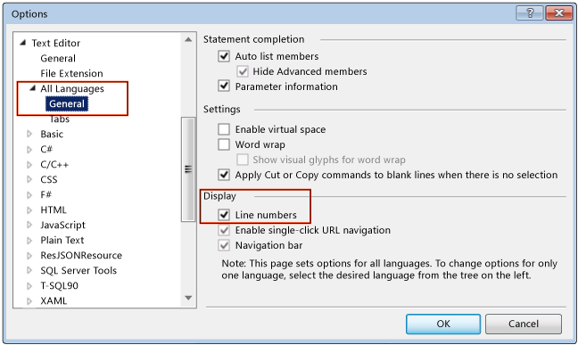 show lines numbers in visual studio